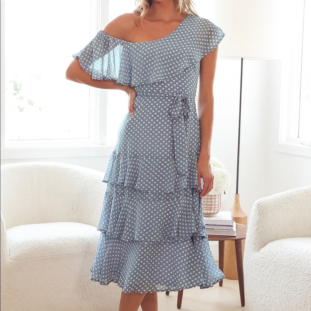 Blue dress with white dots